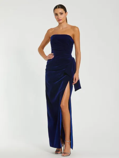 Blue Strapless High Slit Draped Velvet Gown